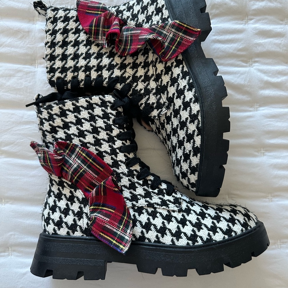 Stylish Black and White Houndstooth Women's Boots with Red Accents